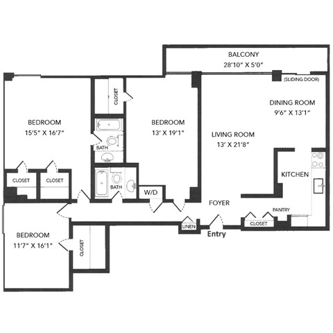 Floor plan for 3 beds, 2 baths, 1713 sqft